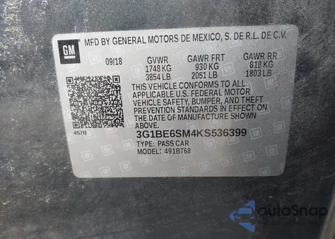 2019 Chevrolet Cruze Lt z USA, uszkodzony, nr VIN 3G1BE6SM4KS536399